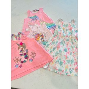 Girls Summer Bundle Set Size 5-6 Pink Mermaids Seahorse Tops and Dress